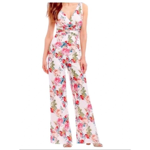 ANTONIO MELANI Pants - Floral Sleeveless Wide Leg Antonio Melani Jumpsuit 2 White Pink